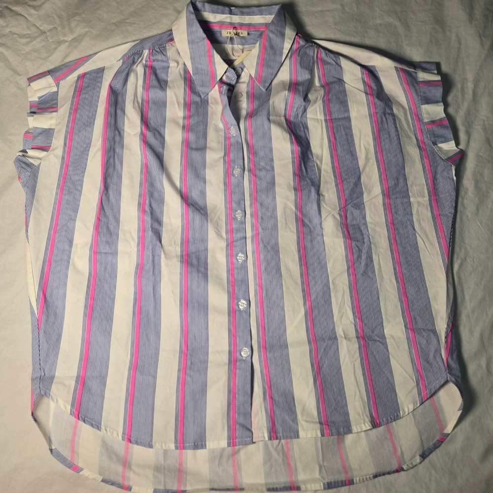 Jodifl Los Angeles Pink Blue Striped Cotton Button Down Cap Sleeve Shirt S NEW